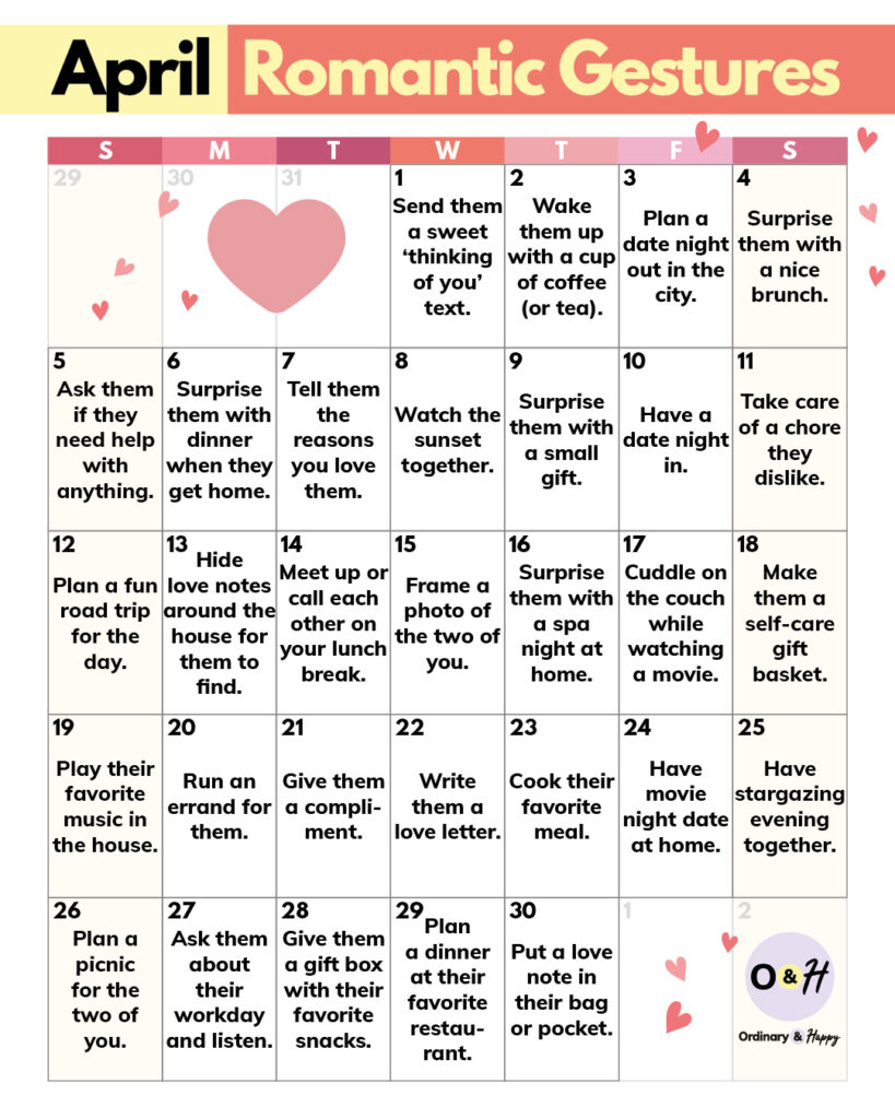 30 romantic gestures for april displayed in a 7x5 calendar grid format