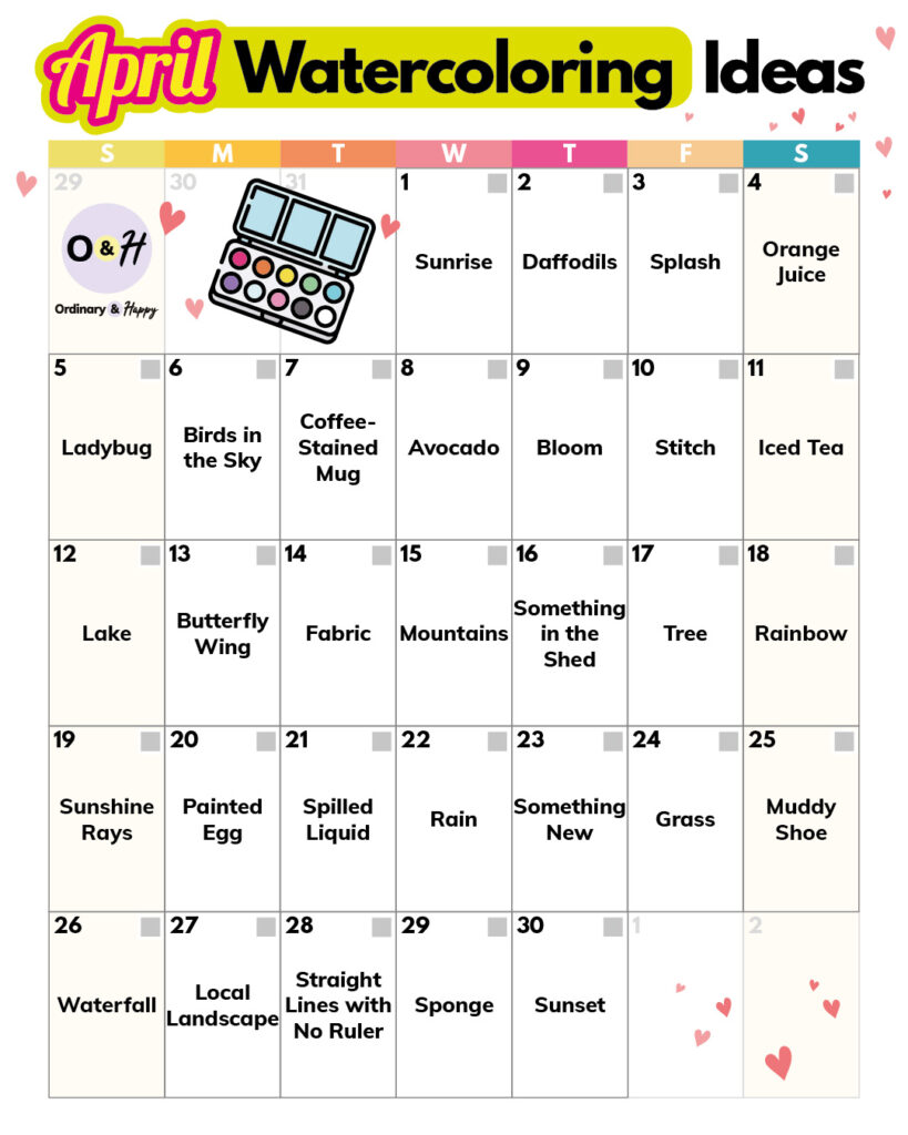 calendar grid of april watercoloring ideas with 30 words and ideas listed in a 7x5 numbered grid for the month