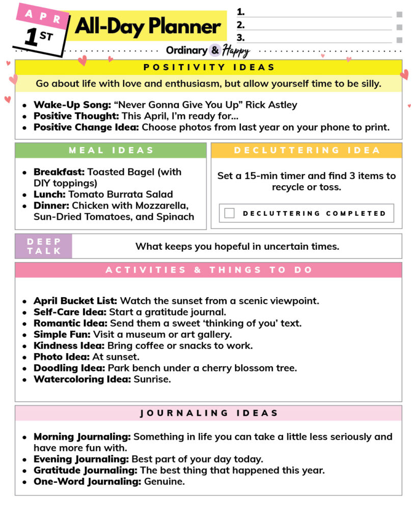 april 1st daily planner consisting of color-coded sections with lists of ideas and spaces to write goals and notes.