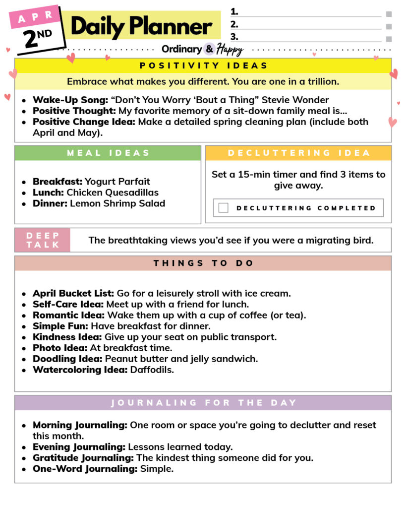 april 2nd daily planner printable with lists of ideas for everyday areas of life