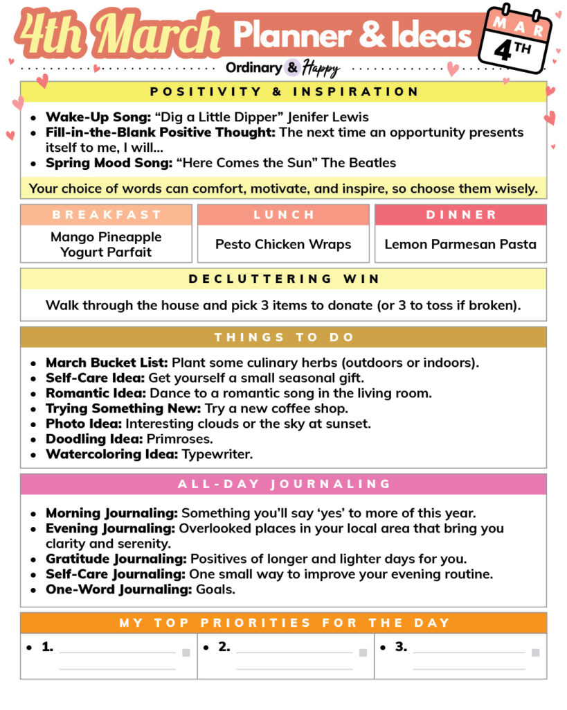 daily planner printable for march 4th with rectangular sections containing listed ideas for different areas of life
