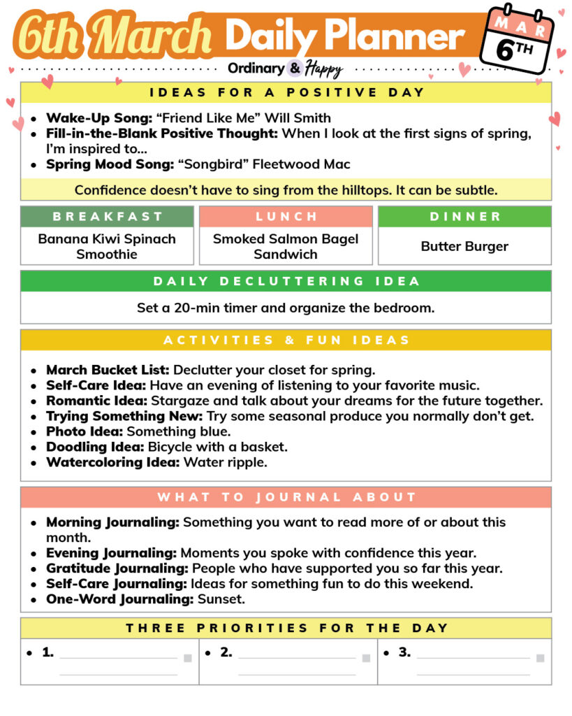 march 6th daily planner printable with 5 different rectangular sections of listed ideas for different areas of life and a blank sections for daily to-do's