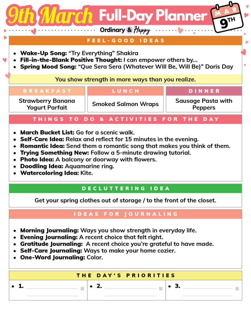 march 9th daily planner printable with rectangular sections containing lists of ideas for different parts of everyday life