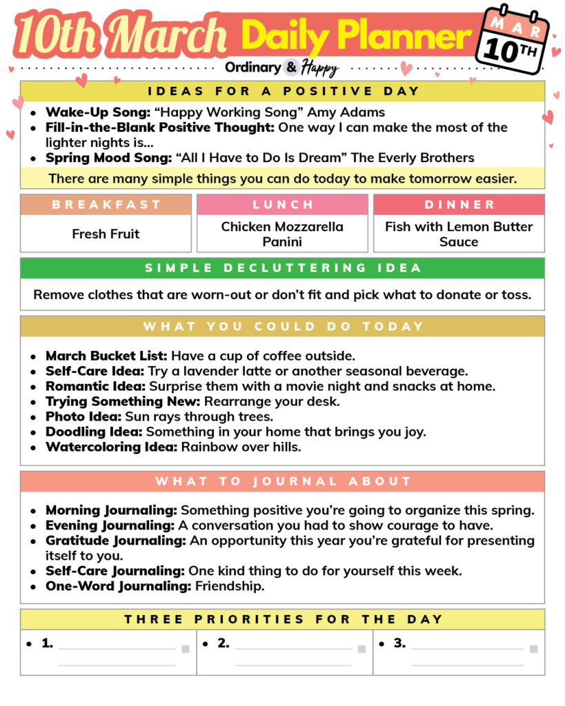 march 10th daily planner listicle printable with 6 different color-coded sections containing lists of ideas for everyday areas of daily life