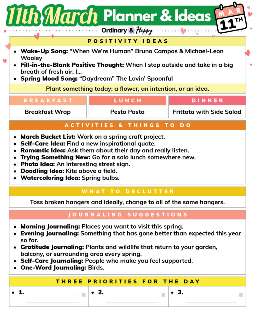 march 11th daily planner printable with color-coded rectangular sections containing lists of ideas for different parts of daily life