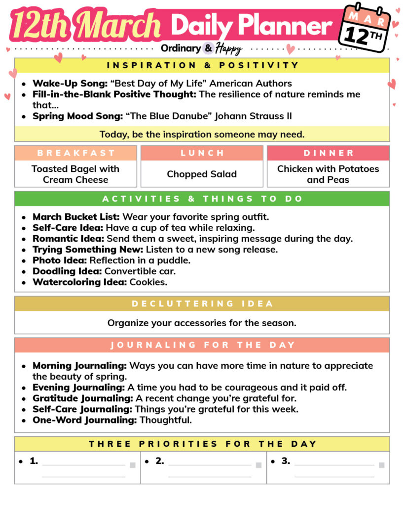 march 12th daily planner printable consisting of rectangular color-coded sections with lists of ideas for positivity, meals, activities, journaling, decluttering, and a space for goal-setting