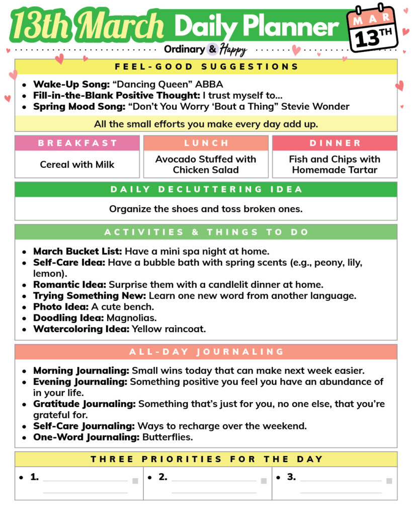 march 13th daily planner printable with listed ideas in rectangular sections for different areas of daily life