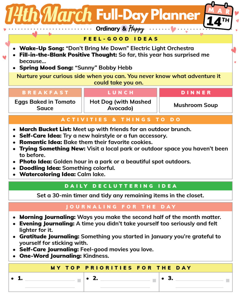 march 14th daily planner printable with rectangular sections containing lists of ideas for daily life
