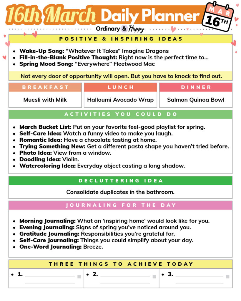 march 16th daily planner consisting of color-coded rectangular sections with lists of ideas for everyday life for that day