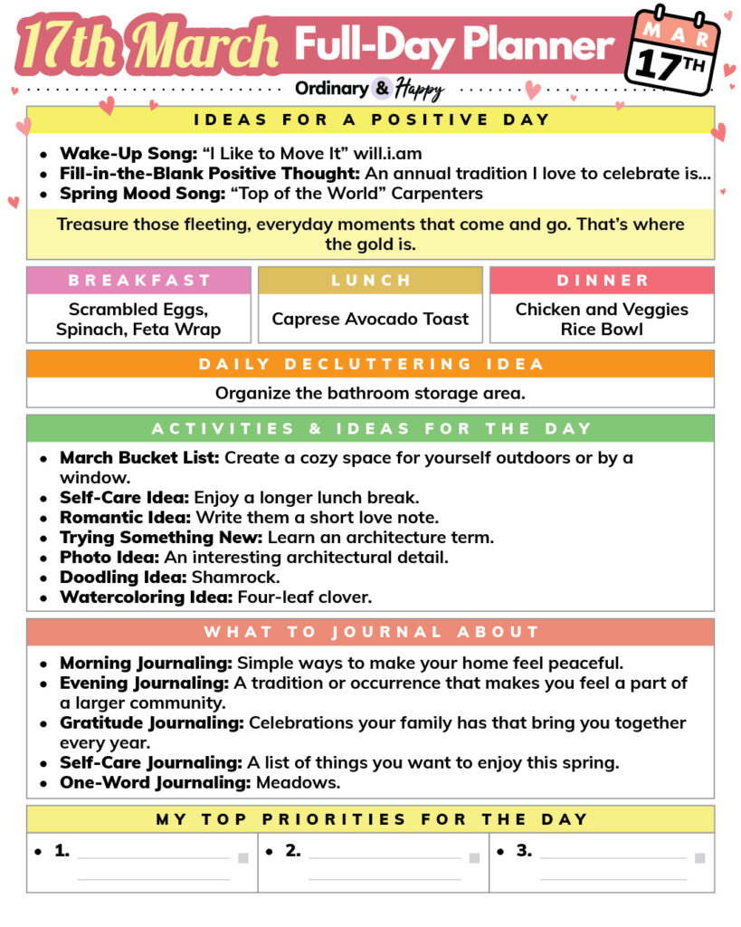 march 17th daily planner printable consisting of color-coded rectangular sections with lists of ideas for meals, positivity, activities, journaling, decluttering, and space for goals