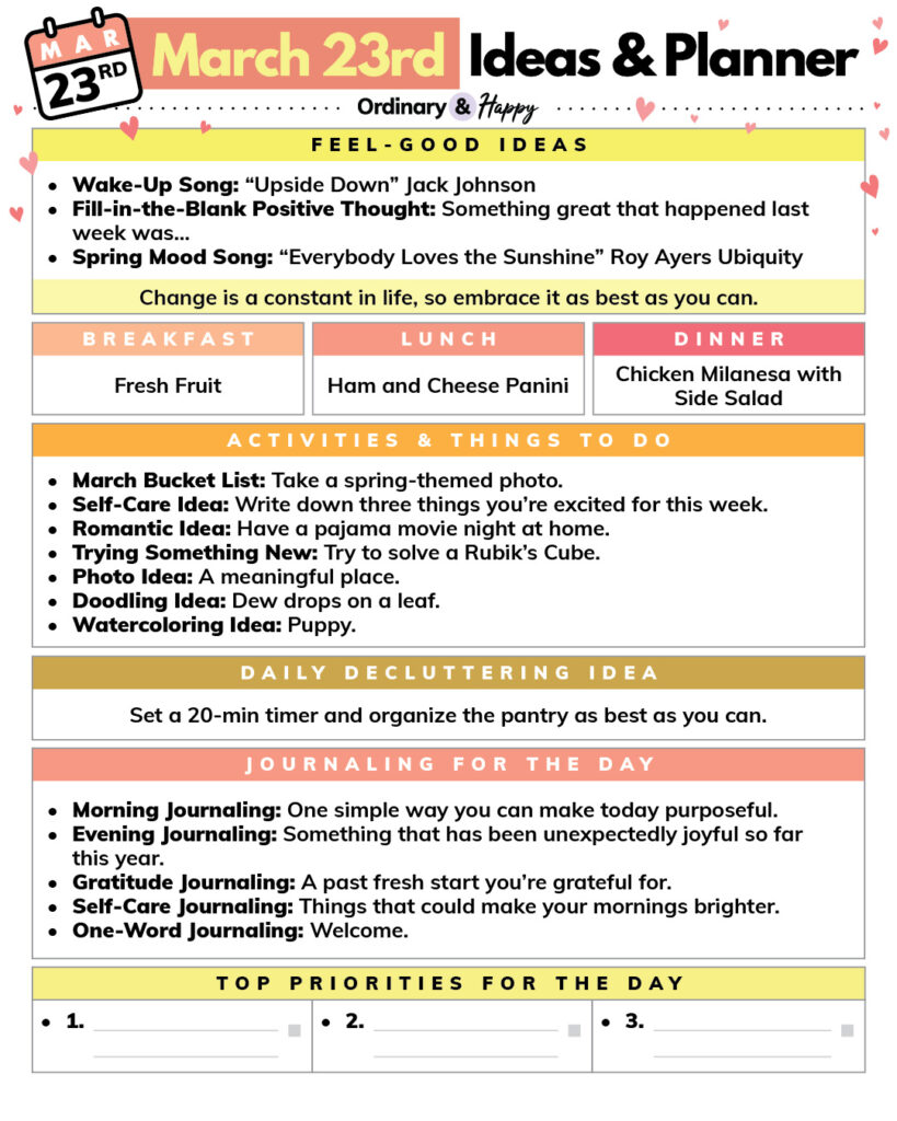 march 23rd planner printable with sections containing lists of ideas for different areas of everyday life