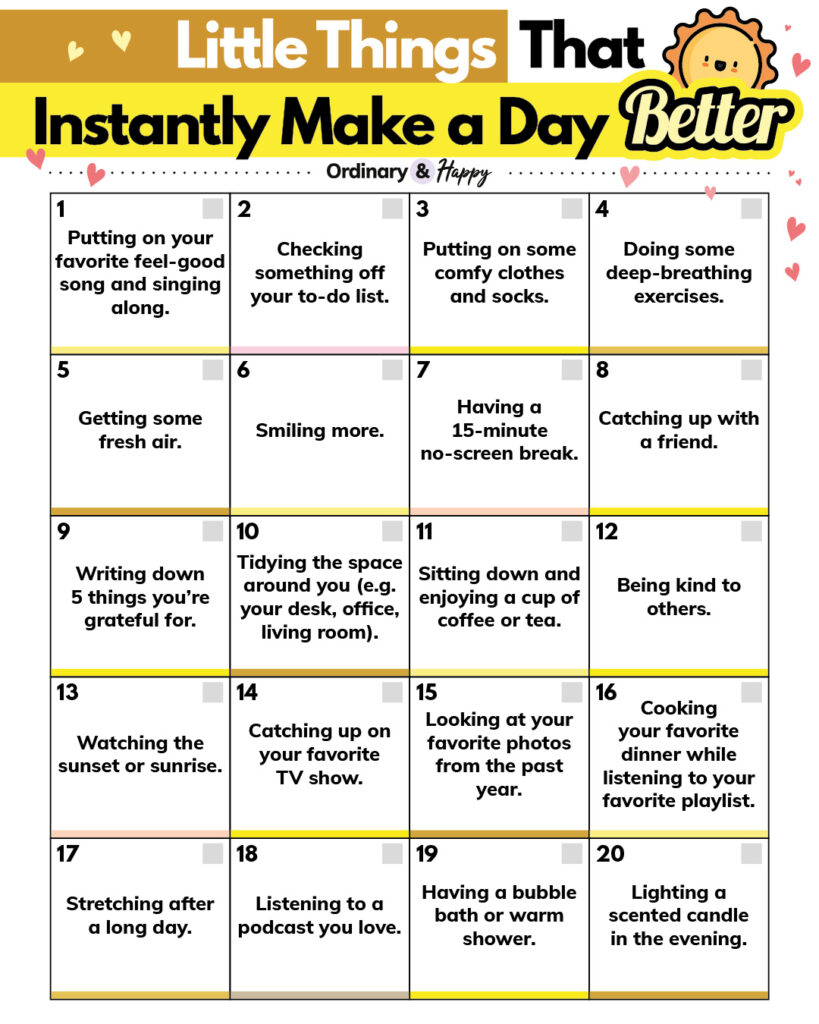 list of 20 little things that instantly make a day better in a 4x5 numbered grid