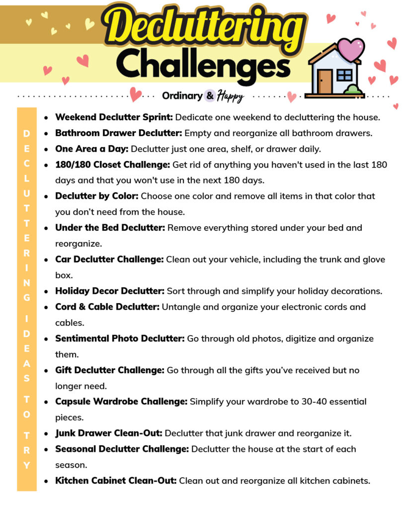 selection of listed decluttering challenges