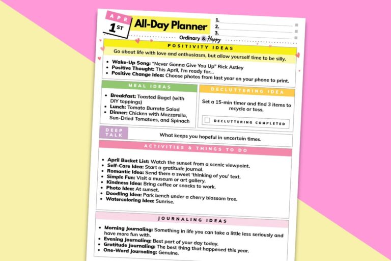 april 1st daily planner printable laid out on a colorful graphic