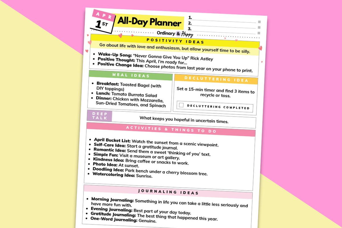 april 1st daily planner printable laid out on a colorful graphic
