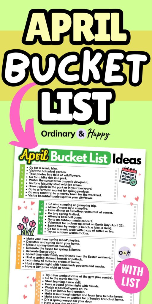 colorful yellow and green block color graphic showing an april bucket list printable