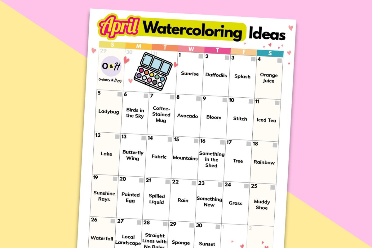 april watercoloring ideas calendar printable displayed on a lilac and yellow block color background
