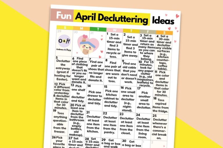 fun april decluttering ideas calendar displayed on an orange and yellow light colored background