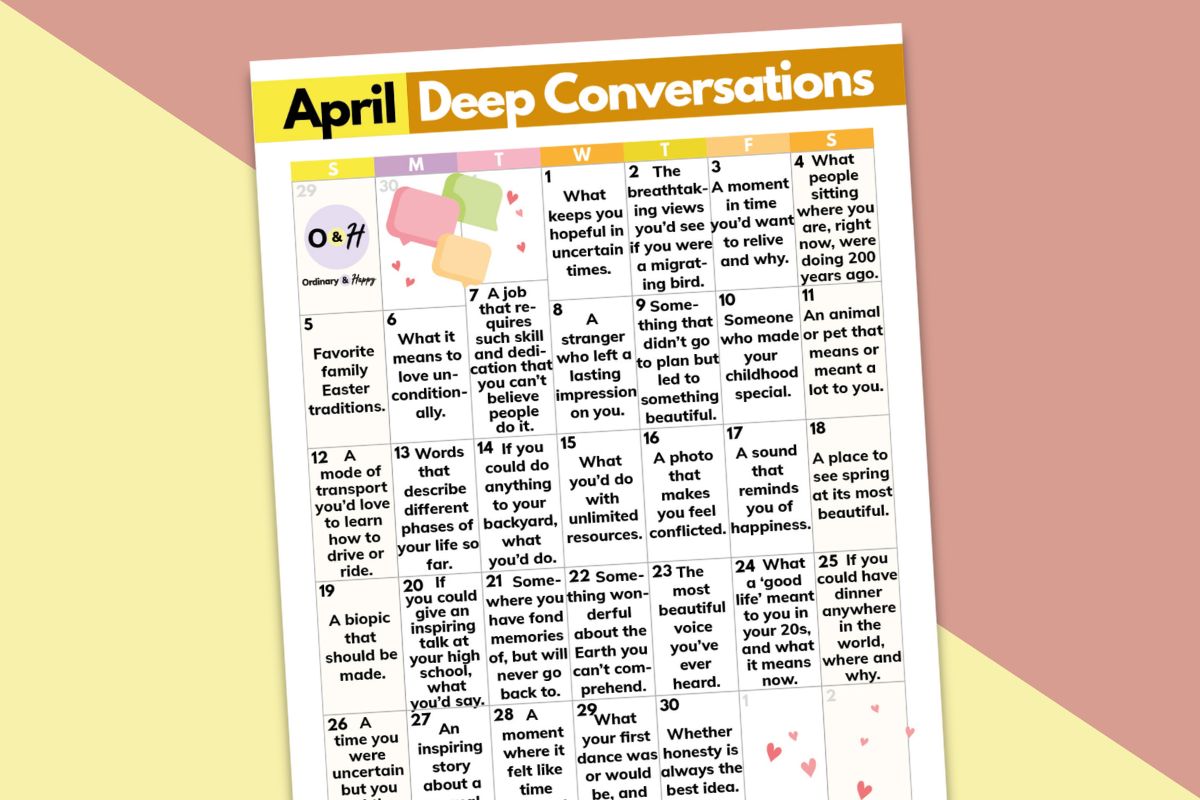 calendar of deep conversation ideas for april on a red and yellow background