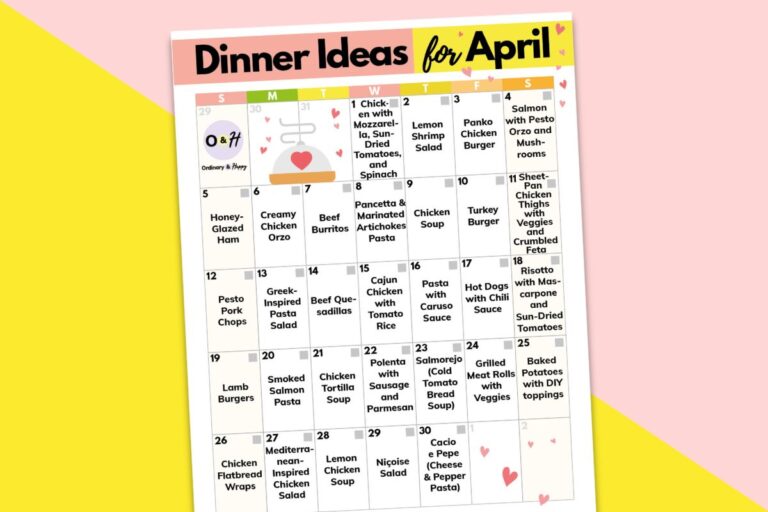 calendar of april dinner ideas displayed on a yellow and pink block color backdrop