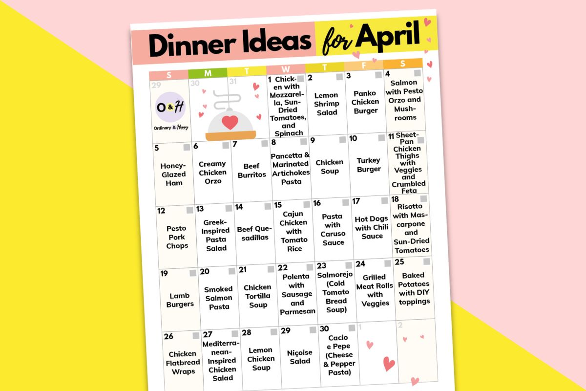 calendar of april dinner ideas displayed on a yellow and pink block color backdrop