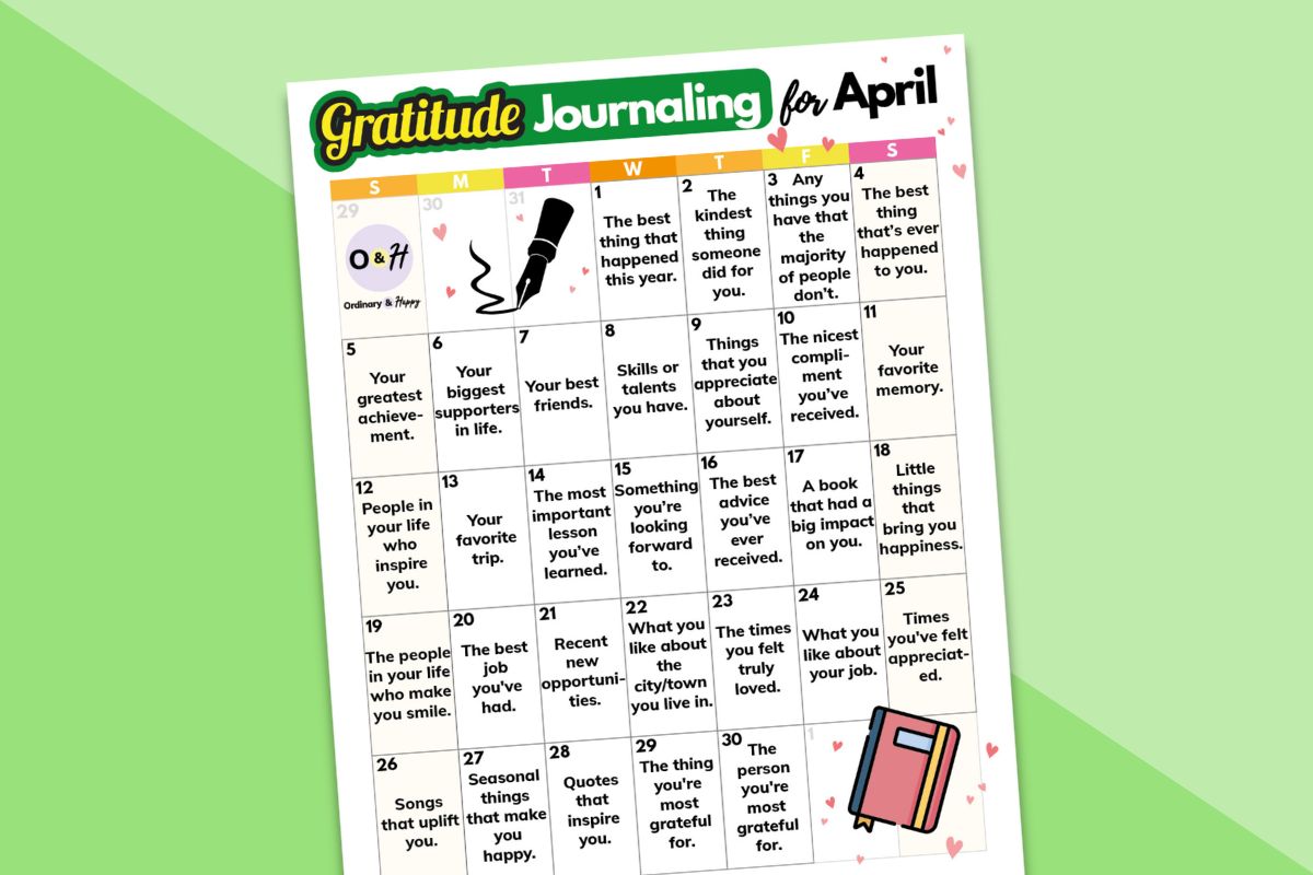 april gratitude journaling calendar partially visible displayed on a 2-color green backdrop
