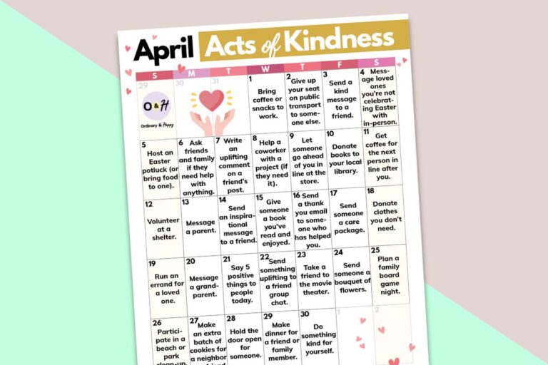 april acts of kindness calendar titled to the left displayed on a 2-color light red and yellow background
