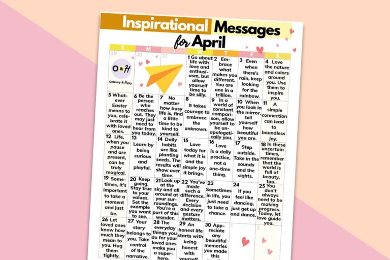 calendar of april inspirational messages displayed on a block color background