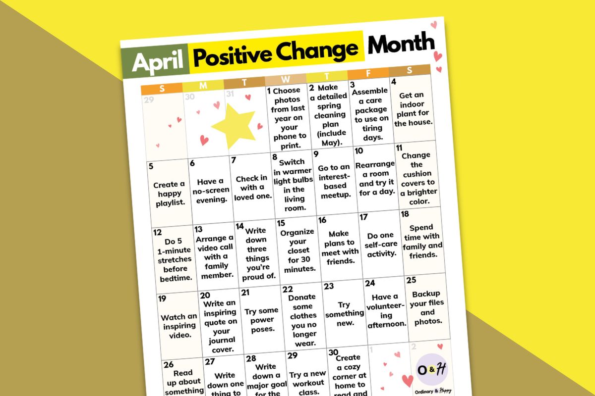 april positive change daily printable challenge on an orange and yellow block color background