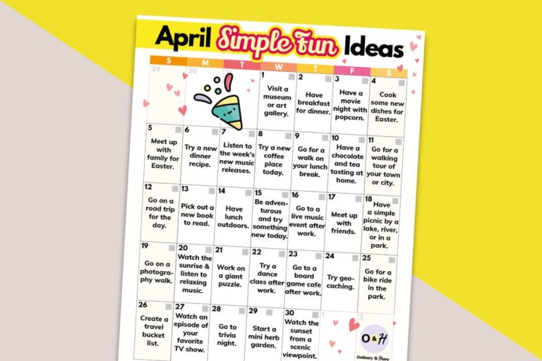 calendar printable of simple fun ideas for april displayed on a yellow and light orange block color backdrop