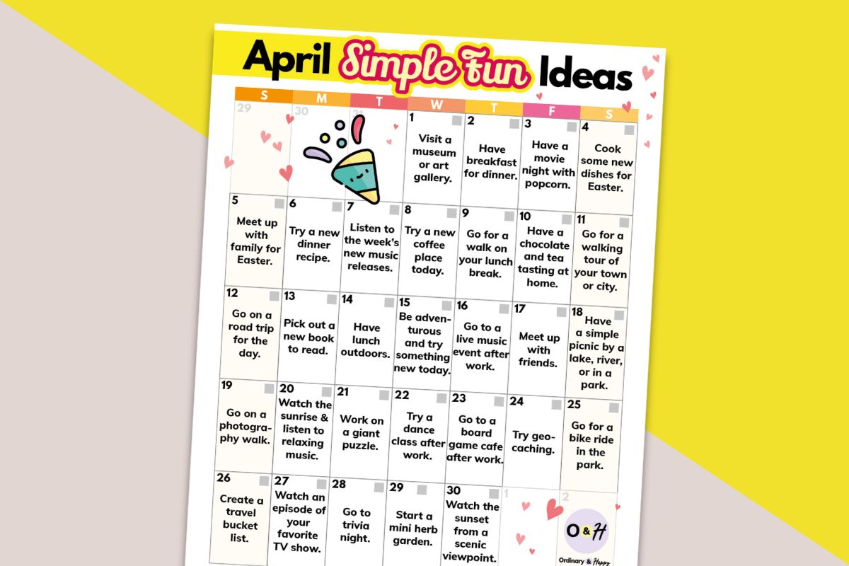 calendar printable of simple fun ideas for april displayed on a yellow and light orange block color backdrop