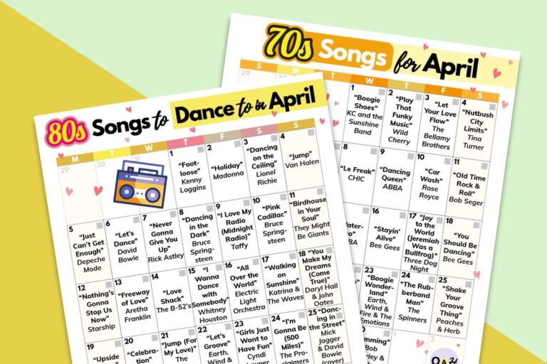 70s calendar of songs and 80s calendar of songs to listen to on overlapping printables displayed on a yellow and orange block color backdrop
