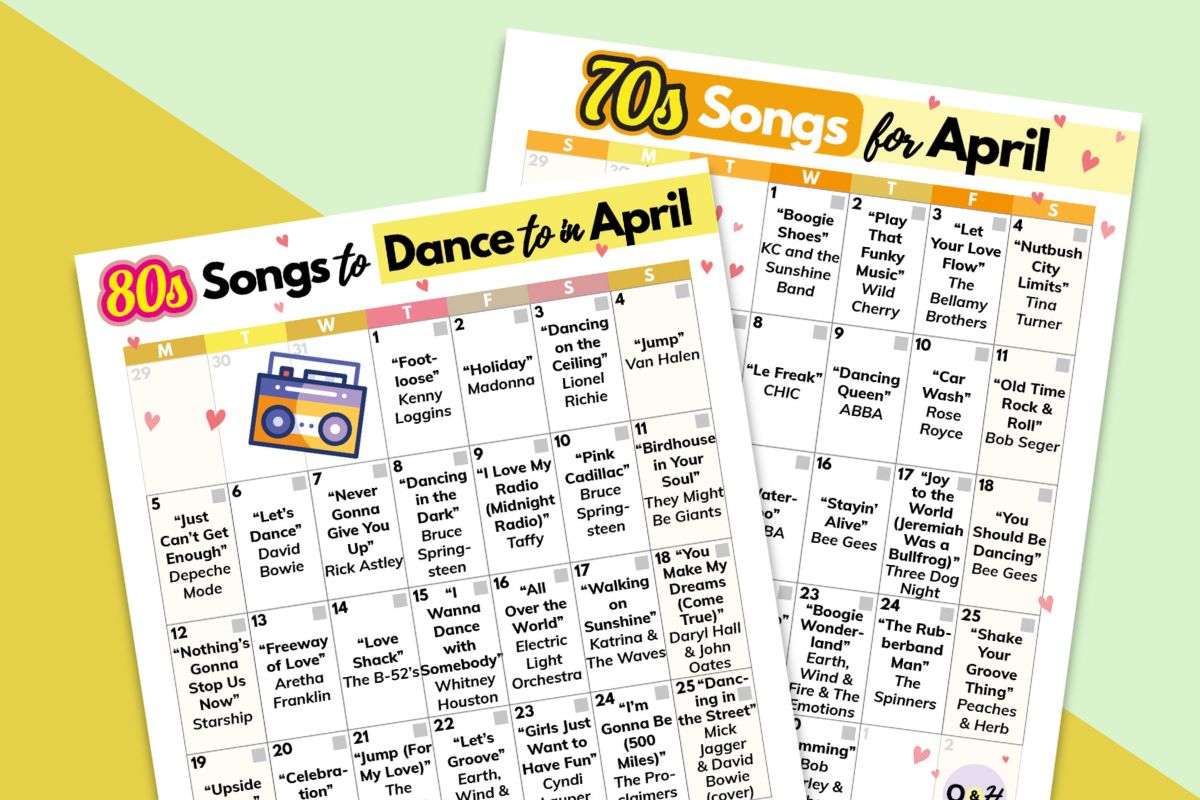 70s calendar of songs and 80s calendar of songs to listen to on overlapping printables displayed on a yellow and orange block color backdrop