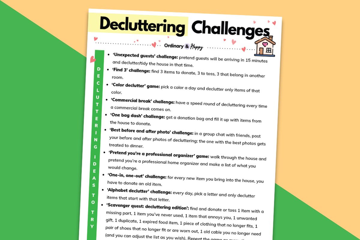 decluttering challenges printable displayed on a yellow and green block color backdrop