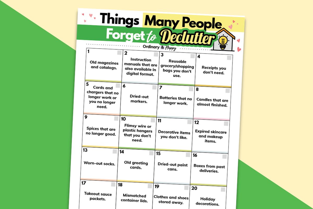 selection of things people forget to declutter listed on a printable laid out on a light yellow and green diagonal block color background