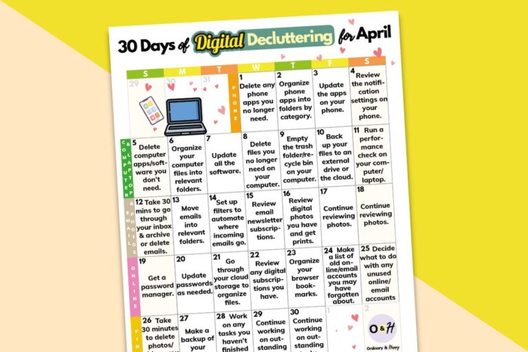 digital decluttering calendar printable on a block yellow and vanilla color background