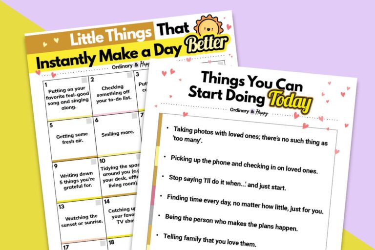 printable of little things that make a day better and printable of things you can start doing today displayed overlapping on a block color yellow and lilac backdrop