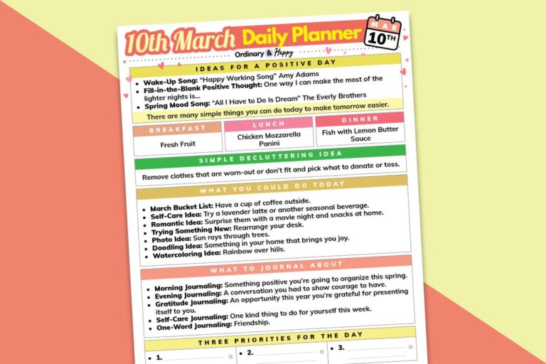 march 10th daily planner printable partially visible and tilted to the left, displayed on a yellow and red block color backdrop