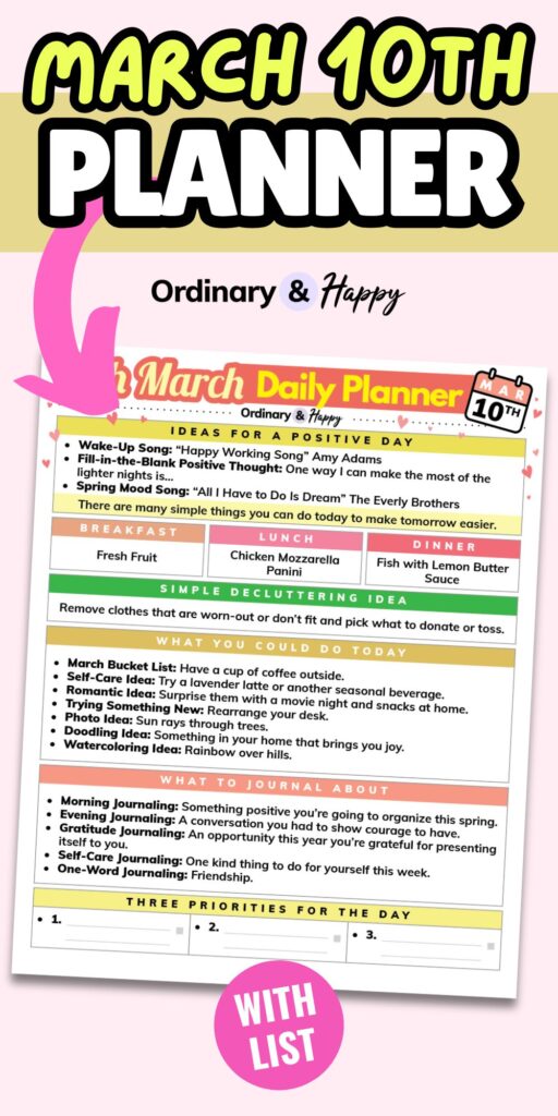 colorful block color march 10th planner graphic showing the printable daily planner and a pink arrow pointing to it