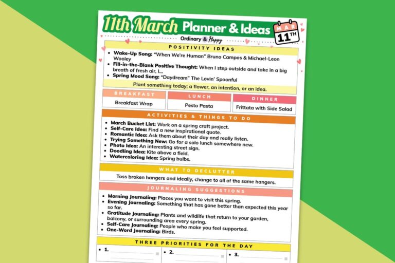 march 11th daily planner printable displayed on a diagonal block color green and yellow background
