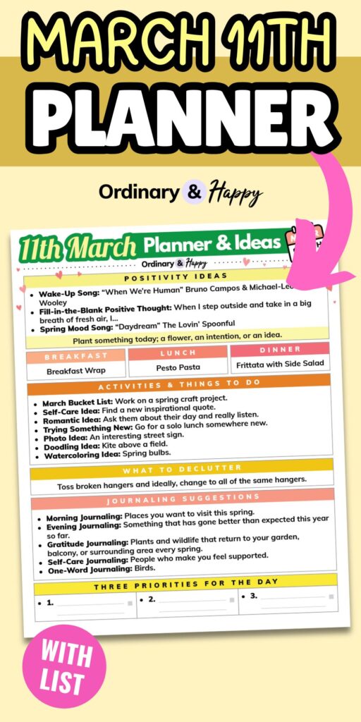 march 11th daily planner printable displayed on a colorful yellow graphic