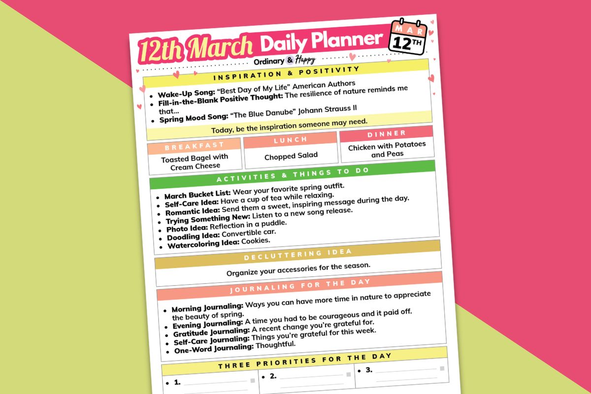 march 12th daily planner printable displayed tilted to the left on a red and yellow block color background