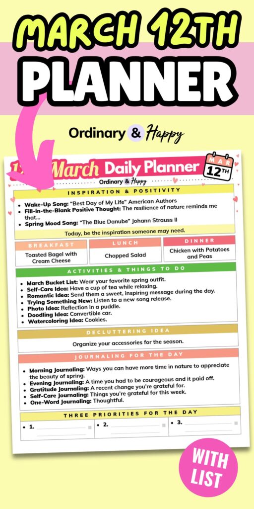 march 12th planner printable displayed on a simple yet colorful red and yellow block color graphic