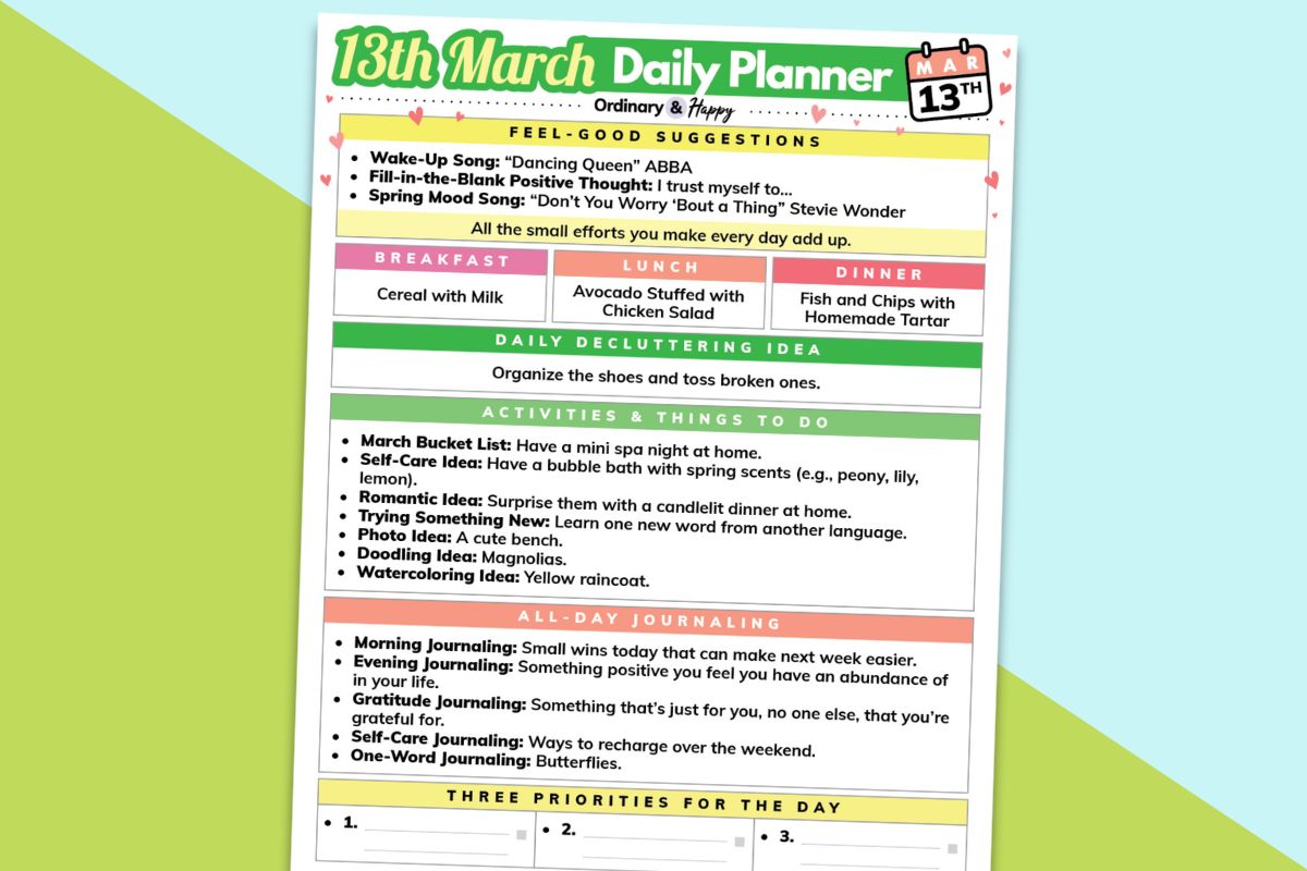 march 13th daily planner printable laid out tilting to the right on a yellow-green and light sky color background