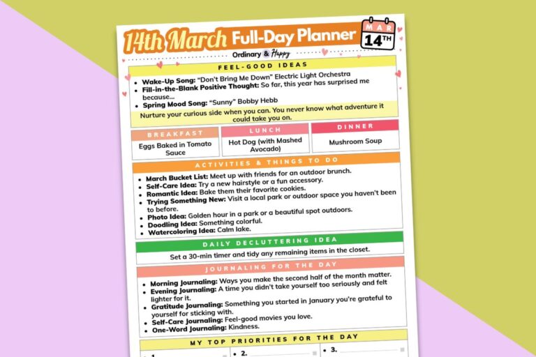march 14th daily planner printable displayed on a yellow and lilac block color background