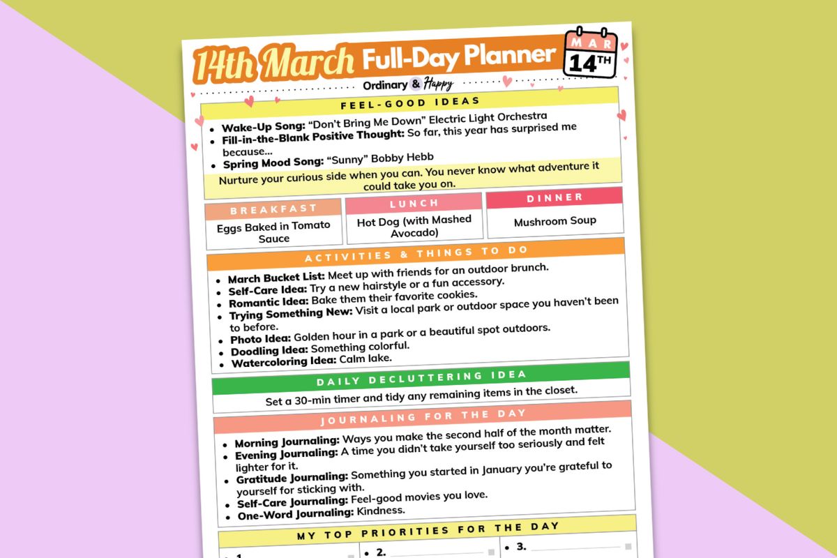 march 14th daily planner printable displayed on a yellow and lilac block color background