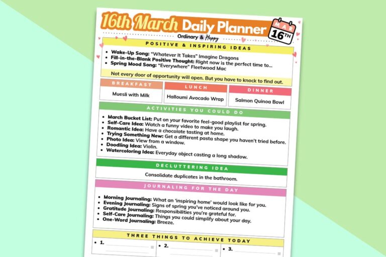 march 16th daily planner displayed on a light yellow and green block color background