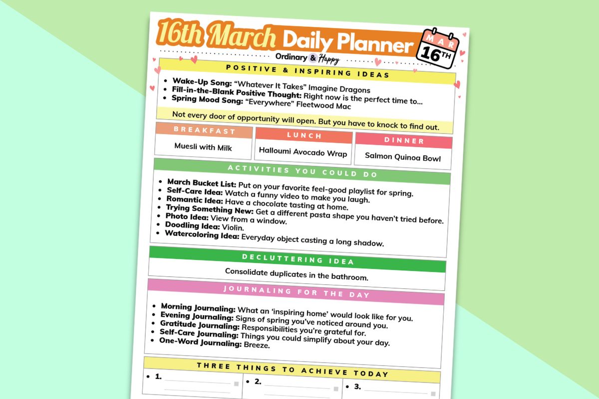 march 16th daily planner displayed on a light yellow and green block color background