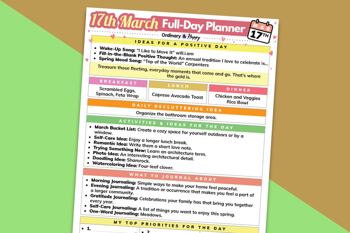 march 17th daily planner printable partially visible and tilted to the right displayed on a green and orange backdrop