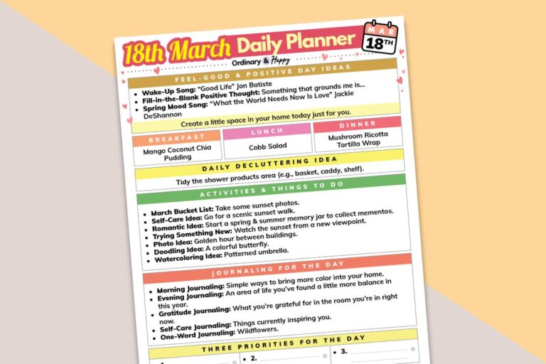march 18th daily planner printable displayed on a block color 2-color background